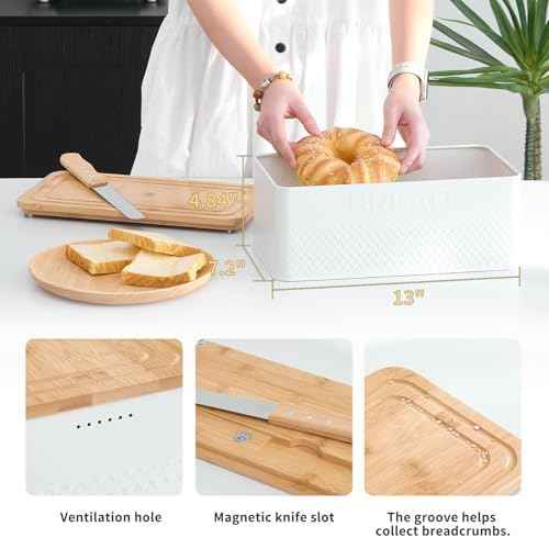 Bread Box for Kitchen Countertop,Metal Bread Storage Bin with Bamboo Cutting Board Lid, Includes Bread Knife, Fits Sourdough & Buns, Stylish Organize (White)