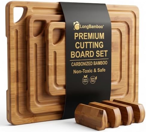 3-Piece Bamboo Cutting Board Set with Holder, Juice Groove for Kitchen