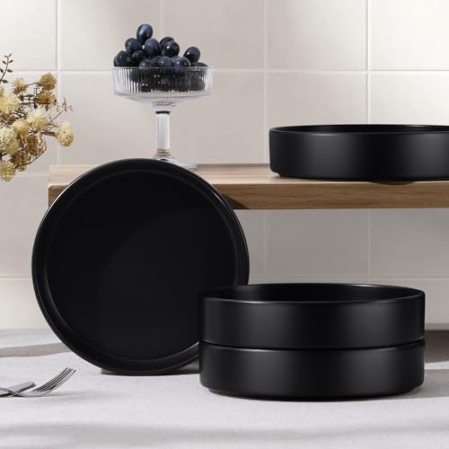 E-far Pasta Bowls Set of 4-35oz Shallow Ceramic Bowl Plates, Black