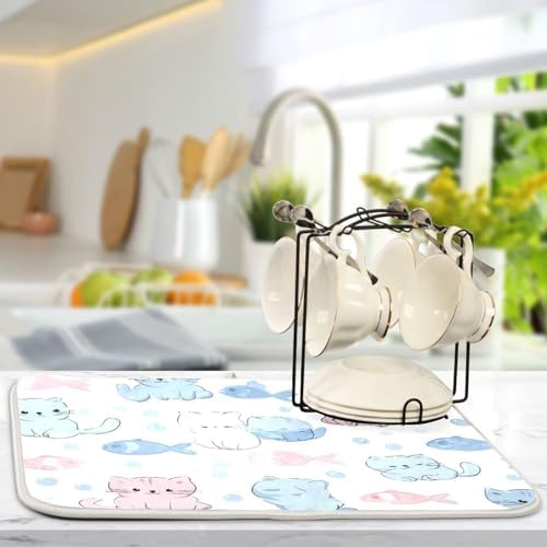 OTVEE Blue Kitty Art Dish Drying Mat for Kitchen Counter Absorbent