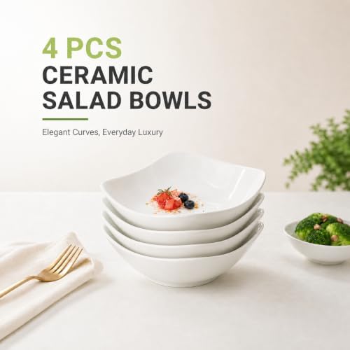 8’’ Porcelain Salad Bowls, Set of 4, 38 oz, Serving Bowls of Pasta