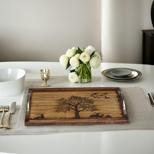 Large Wooden Serving Tray with Nature Scene, Decorative Tree and