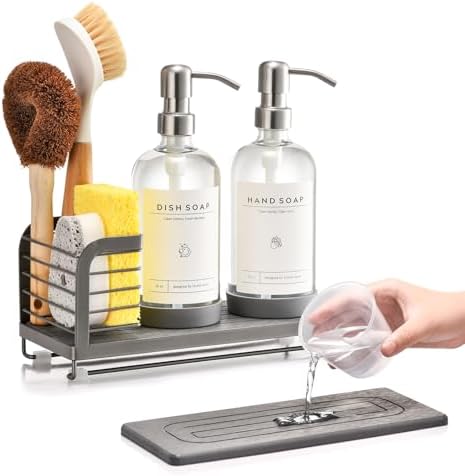 Kitchen Soap Dispenser Set with Drying Tray, 16oz Glass Bottles