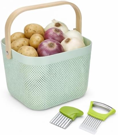 Potato and Onion Storage Bin Set, Produce Basket with Onion Slicer &