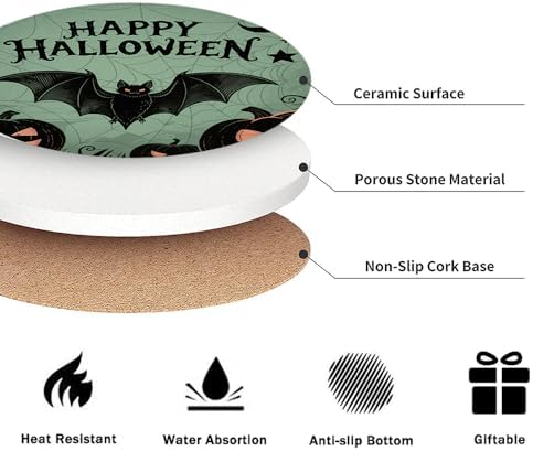 Halloween Drink Absorbent Coasters with Holder Set of 6, Ceramic Stone