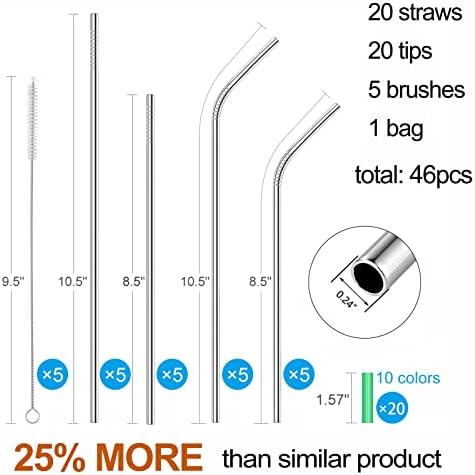 20 Pack Reusable Stainless Steel Metal Straws,10.5" & 8.5" Reusable