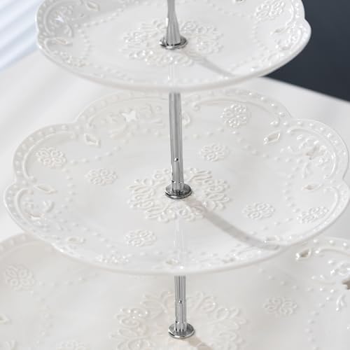 Jusalpha 3 Tier White Porcelain Cake Stand, Cupcake Stand with Silver