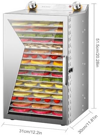 Food Dehydrator Machine, 18 Stainless Steel Trays, 24H Timer