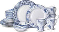Mikasa Kiley Bone China Lightweight Chip Resistant 16 Piece Dinnerware Set, Service for 4,Blue and White