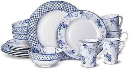 Mikasa Kiley Bone China Lightweight Chip Resistant 16 Piece Dinnerware Set, Service for 4,Blue and White