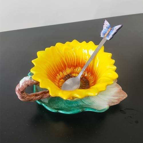 Ceramic Coffee Mug & Saucer Set, 3D Sunflower & Leaf, 6oz