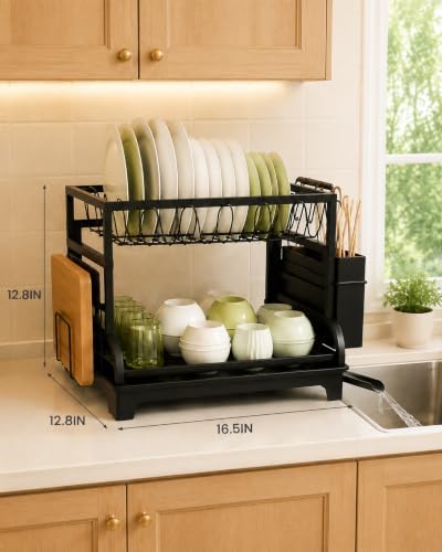 2-Tier Foldable Dish Drying Rack with Drainboard