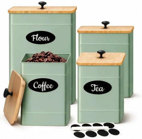 Canister Set for Kitchen Countertop, 4 Airtight Metal Canisters Sage