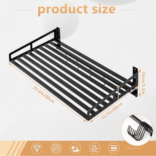 Microwave Wall Shelf, Carbon Steel Rack with Hooks for Kitchen