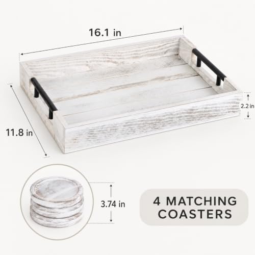 Whitewashed Wooden Serving Tray with Black Metal Handles and 4