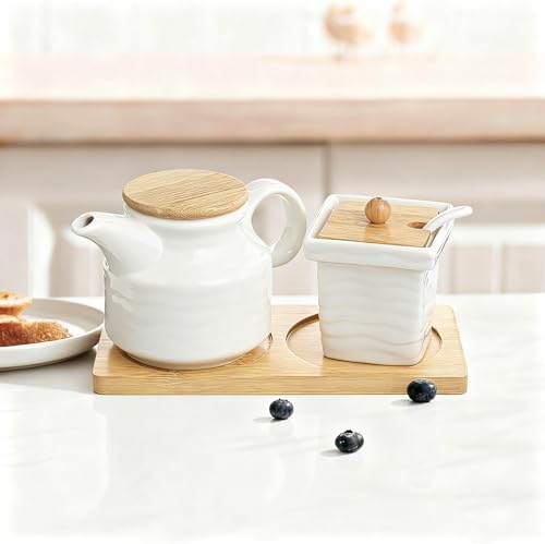 Ceramic Sugar and Creamer Set with Tray,12oz Cream Pitcher,7.5oz Sugar