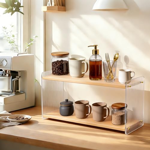 2-Tier Coffee Station Organizer & Matcha Shelf, Wood and Acrylic Mug