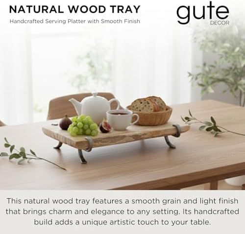 Rustic Wood Serving Board Live Edge Platter Forged Metal Legs 15.7 in.
