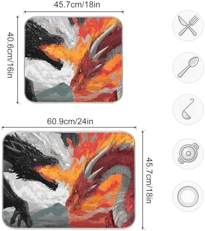 OTVEE Fire Dragon Ice Dragon Art Dish Drying Mat for Kitchen Counter
