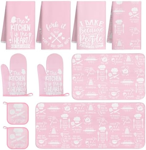 10 Pcs Pink Kitchen Dish Towels Pot Holders Oven Mitts Glove Rustic