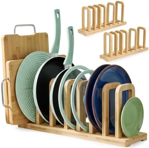 Novabright 2 Set Bamboo Cutting Board Organizer, 5-Slot Adjustable Dividers with Non-Slip Pads for Bakeware, Pot Lids, Trays, Cookie Sheets, Kitchen Cabinet Storage