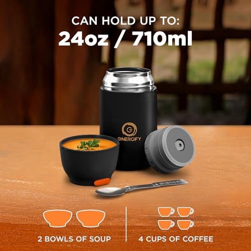 Vacuum Insulated Food Jar. Large 24oz Bowl incl. Folding Spoon, Cup.