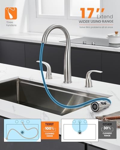 TIORIY 3 Hole Kitchen Faucet with Pull Down Sprayer