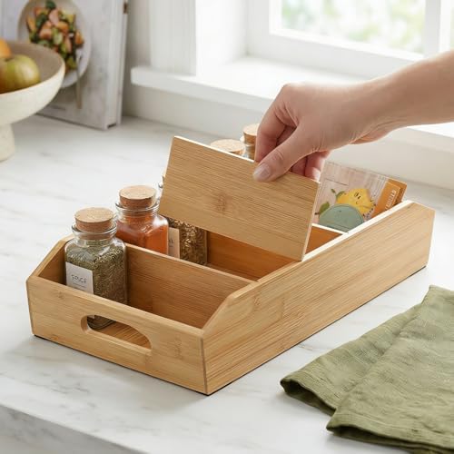 Pumtus 2 Pack Bamboo Pantry Organizers, Storage Bin with Removable