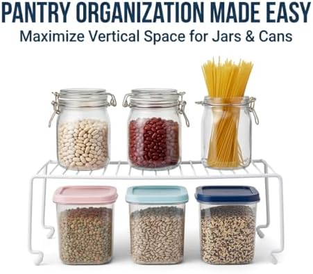 4-Pack Kitchen Cabinet Shelf Riser - Stackable Cupboard Organizer & Wire Rack for Pantry, Spice Organization, Desk & Bathroom, Rustproof Metal Closet Shelves, White (15.7" L x 8.5" W)
