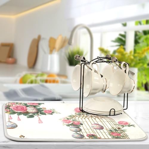 OTVEE Vintage Birdcage Art Dish Drying Mat for Kitchen Counter