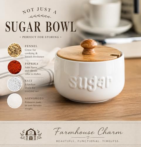 LYEOBOH Sugar Bowl with Lid and Spoon, 17 OZ Ceramic Sugar Jar for