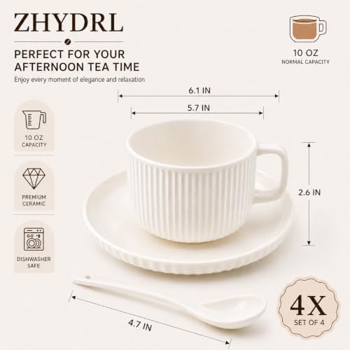 White Ceramic Coffee Cups Set of 4 with Saucers and Spoons