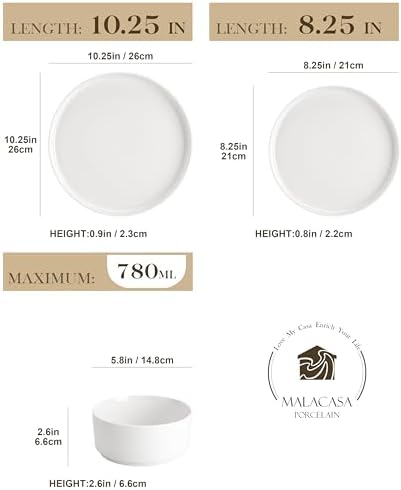 MALACASA 12 Pieces Porcelain Dinnerware Set, Modern White Dish Set for