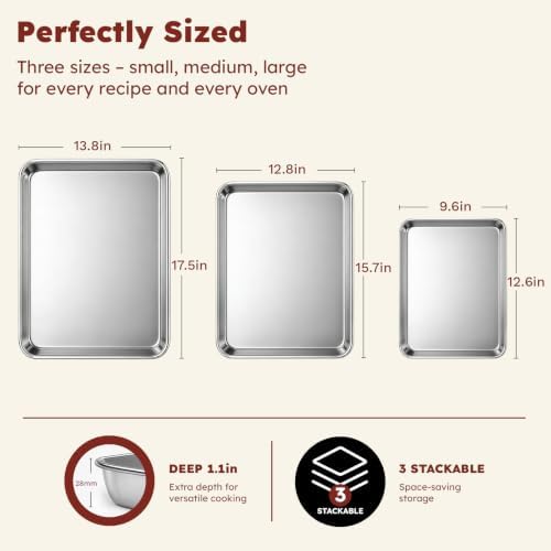 Baking Sheet Set of 3: Stainless Steel Cookie Sheets for Baking