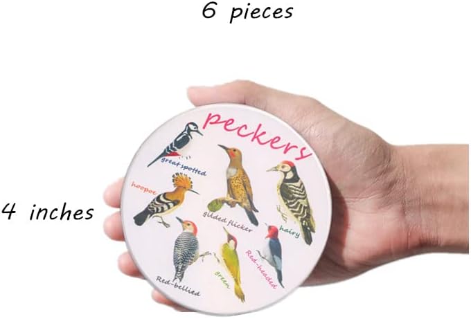 Bird Ceramic Coasters For Drinks with Holder And Cork Base, Set Of 6