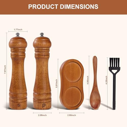DEBETOOL Wooden Salt and Pepper Grinder Set, 8-inch Oak Mill