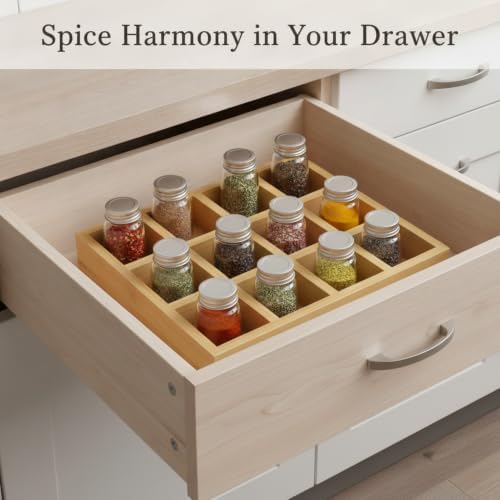 Bamboo Spice Organizer Rack, Compact Drawer Divider Tray for Kitchen