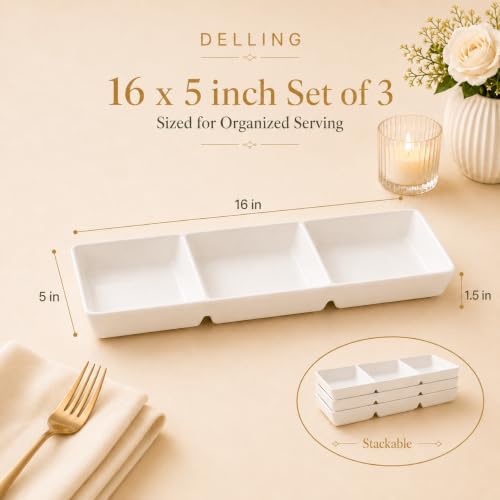 DELLING 16x5 Inch Ceramic 3-Section Serving Tray Set of 3, Stackable
