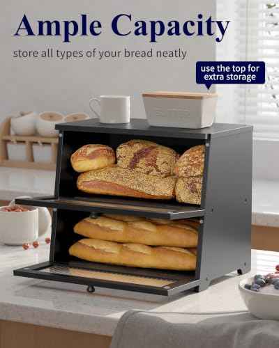 Kitsure Wooden Bread Box for Kitchen Countertop, 2-Tier, Black