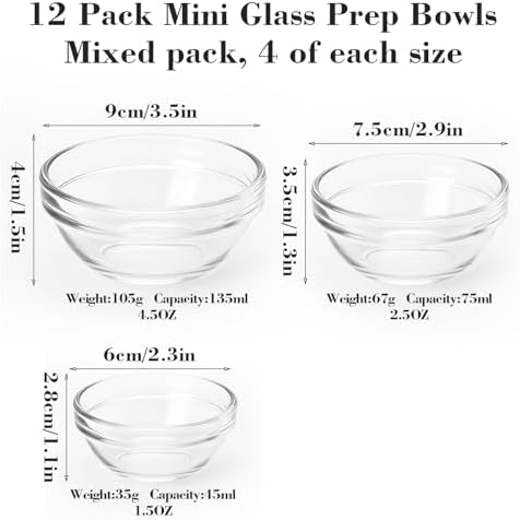 12-Piece Mini Glass Prep Bowls Set - 4x 1.5 oz, 4x 2.5 oz, 4x 4.5 oz