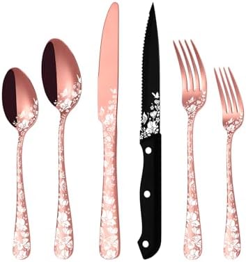 Stapava 24 Pcs Rose Gold Silverware with Steak Knives, Stainless Steel