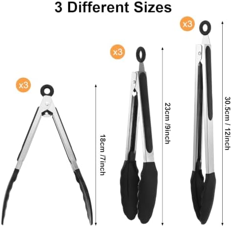 12 Pcs Tongs Set, 7, 9, 12 Inches, Black & Silver