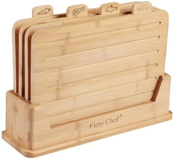 4 Piece Bamboo Cutting Boards Set with Food Icons & Stand, 12.6"L x