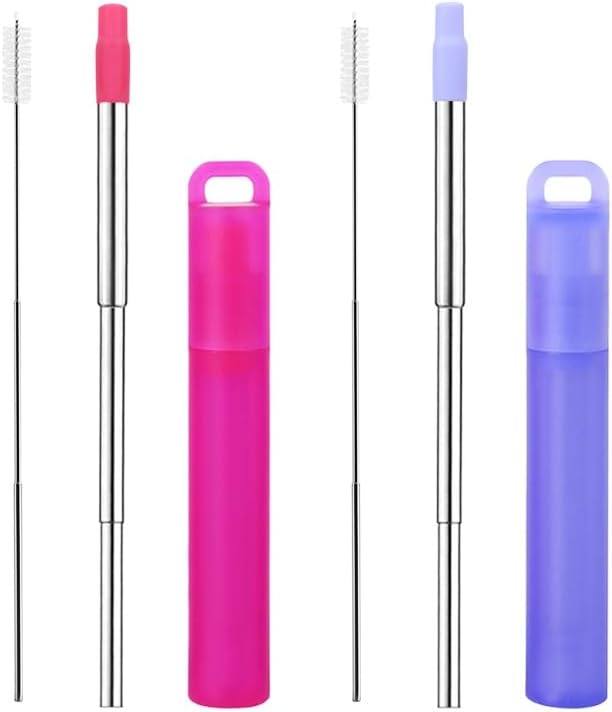 NAIVELY-Reusable Metal Straws 2 Pack Collapsible Stainless Steel