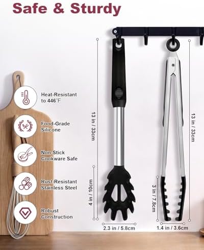 2-Piece Silicone Spaghetti Spoon and Pasta Tong Set, Black