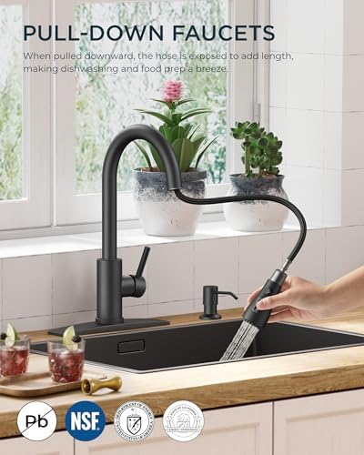 FORIOUS Black Kitchen Faucet, Pull Down Sprayer, Soap Dispenser