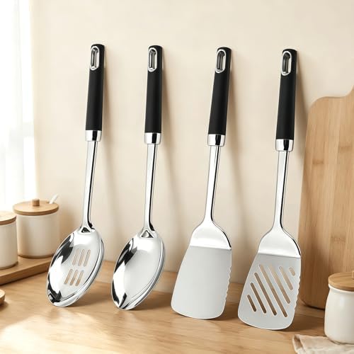 4PCS Stainless Steel Cooking Spatula Spoon Set, Metal Cooking Utensils