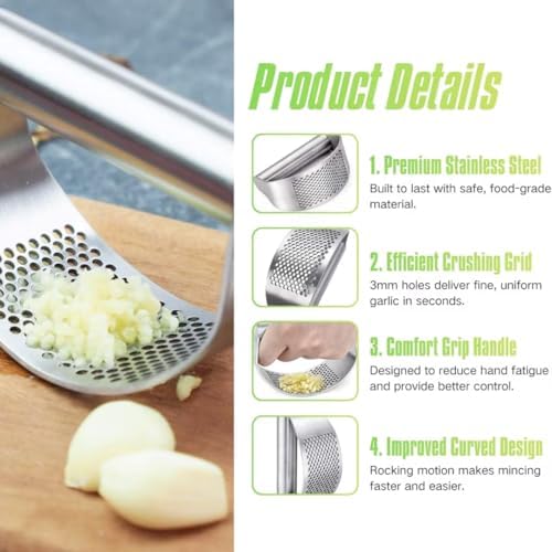 Garlic Press Rocker, Stainless Steel, Peeler and Brush