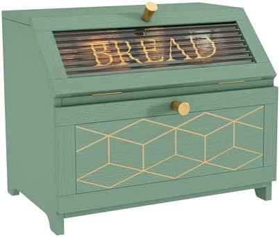 HOLTICO Double Layer Bread Box with Golden Trim for Kitchen Countertop