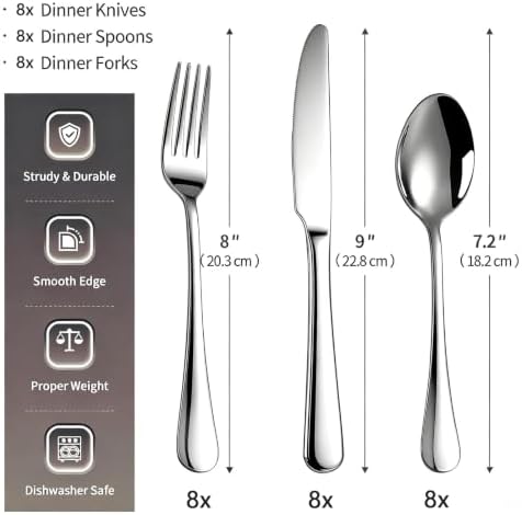 24 Piece Silverware Set for 8, Stainless Steel Heavy Forks Spoons and Knives Set, Mirror Finish Flatware Dishwasher Safe for Family Picnics Daily Gatherings